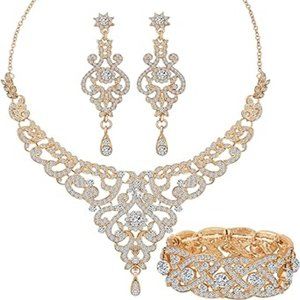 Women Gold  Wedding Jewelry Sets Bridal Necklace Rhinestone Earrings Bracelets